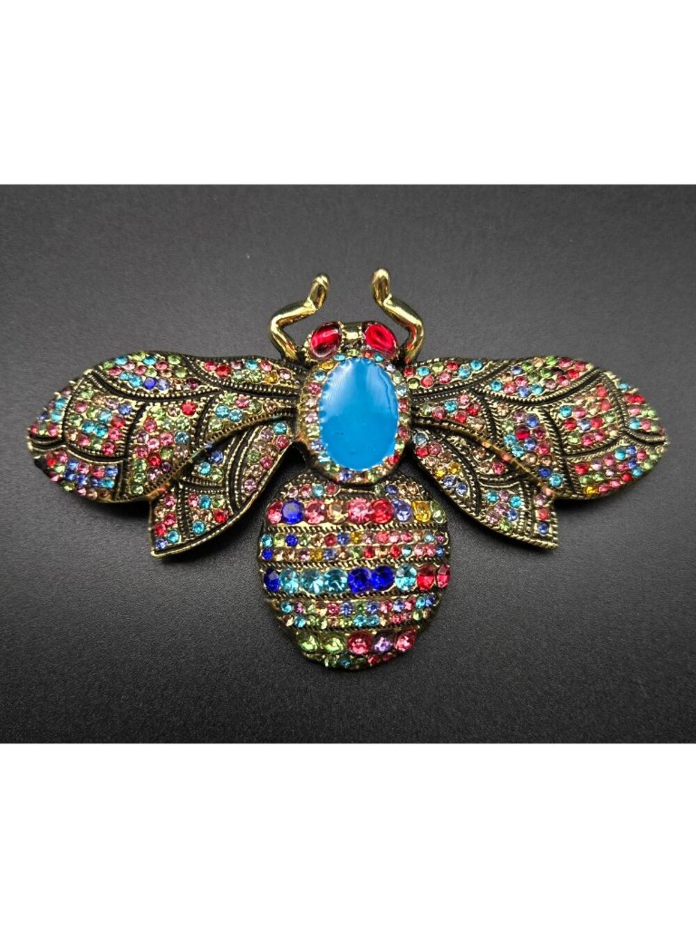 XL Colorful Rhinestone Bee Brooch Pin Gold-Tone Detailing 4" Costume